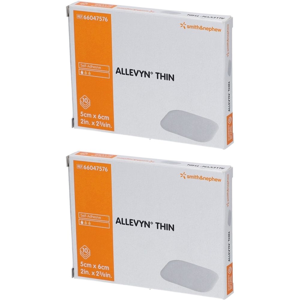 Zwei Kartons ALLEVYN THIN Pflaster. Aufdruck: 5cm x 6cm, smith&nephew. Orangefarbener Streifen mit Produktinformationen.