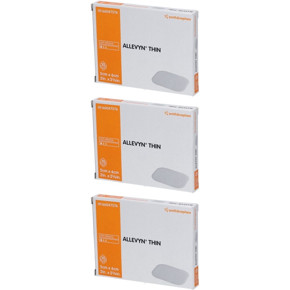Trois boîtes de pansements ALLEVYN THIN. Boîtes blanches avec des accents orange. Nom du produit et taille visibles.