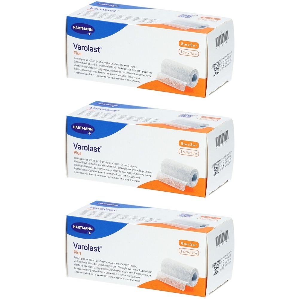 Drei Kartons Varolast Plus Zinkleimbinde. Auf jedem Karton steht der Name und die Größe 8 cm x 5 m.