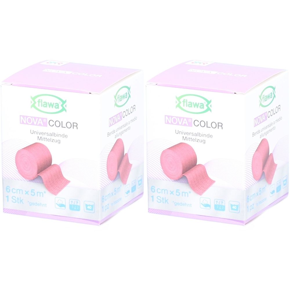 Zwei Packungen Flawa Nova Farbe Rouge. Jede Packung zeigt eine rosa Universalbinde, 6cm x 5m. Aufschrift: NOVA COLOR, Mittelzug.