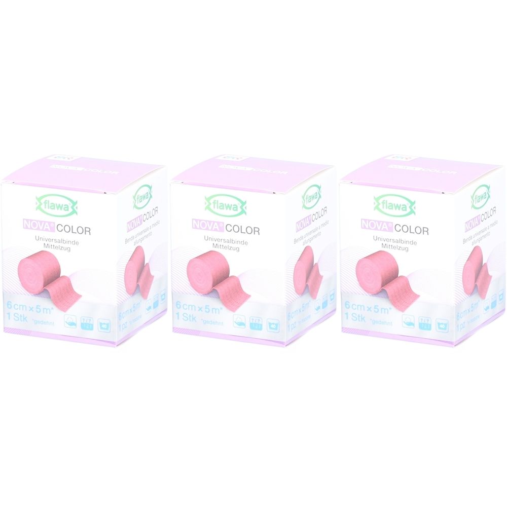 Drei Packungen Flawa Nova Farbe Rouge. Rosa Verband, 6cm x 5m. Verpackung mit Produktabbildung und Schriftzug.