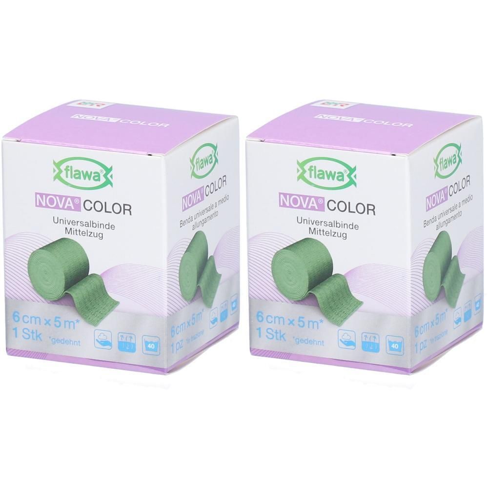 Deux paquets de bandages universels Flawa Nova Color, 6cmx5m, verts.