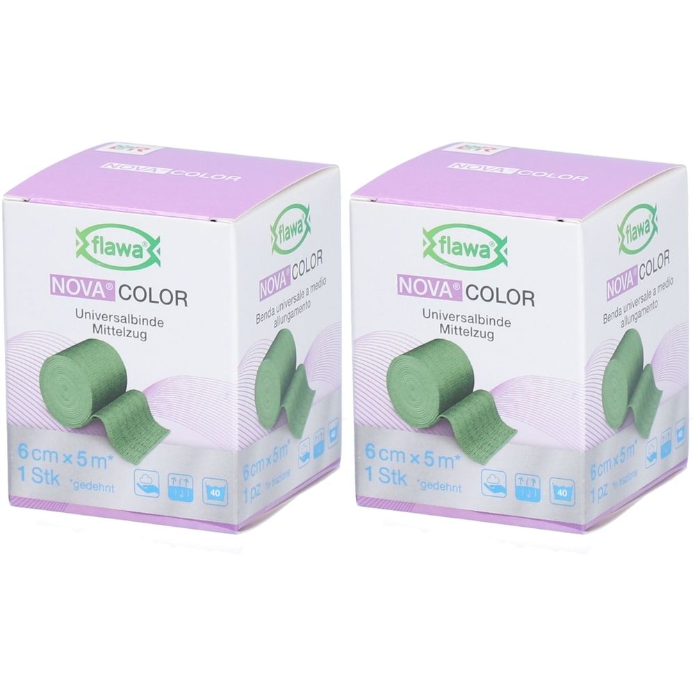 Deux boîtes de bandage universel Flawa Nova Color. Chaque boîte contient un bandage vert, 6cm x 5m. Inscription : Nova Color, 1 pièce.