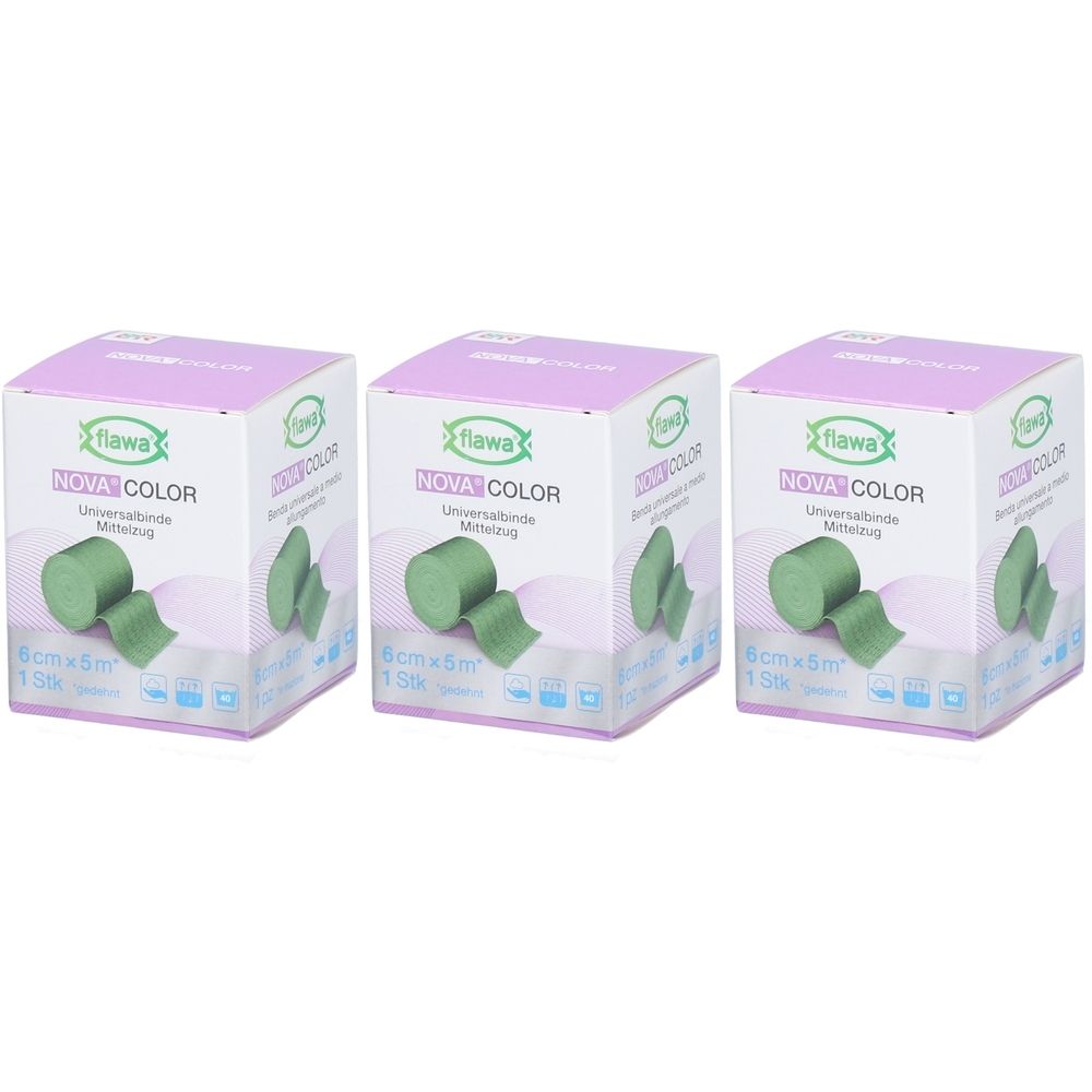 Trois boîtes carrées avec bandage vert. Inscription : Flawa Nova Color, 6cmx5m, 1 pc. Couvercle violet.