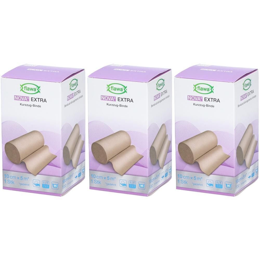 Trois paquets de bande Flawa Nova Extra, 10cmx4,5m.