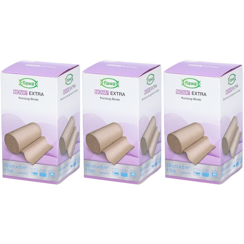 Trois boîtes de Flawa Nova Extra. Inscription: 10 cm x 5 m, 1 pièce. Produit et emballage en violet et blanc.