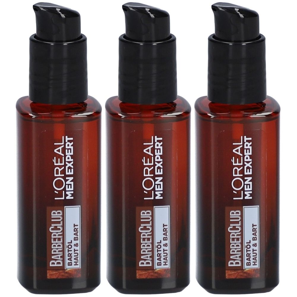 Drei Flaschen Bartöl. Braune Glasflaschen mit schwarzem Pumpkopf. Aufschrift: L'Oréal Men Expert Barber Club Bartöl Haut & Bart.