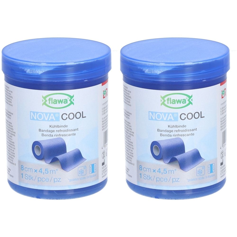 Zwei blaue Flawa Nova Cool Kühlbinden-Dosen. Aufschrift: 8cm x 4,5m. Produktname und Logo deutlich sichtbar.