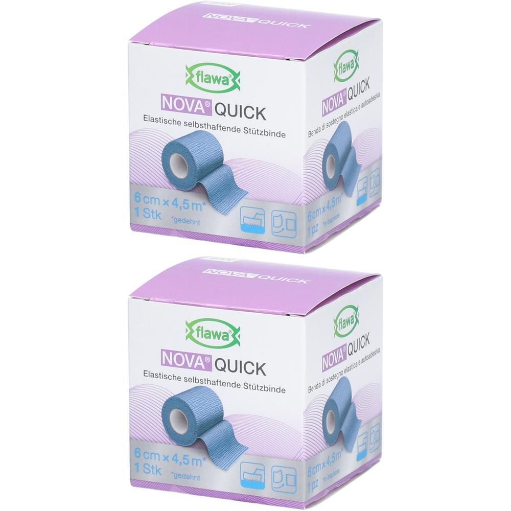 Deux paquets de bandes de soutien auto-adhésives élastiques FLAWA NOVA QUICK, bleues, 6 cm x 4,5 m.