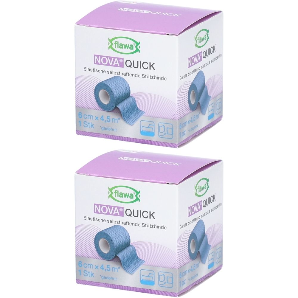 Deux boîtes de bandage bleu. Inscription: NOVA QUICK, 6cm x 4,5m. Bandage de soutien auto-adhésif élastique.