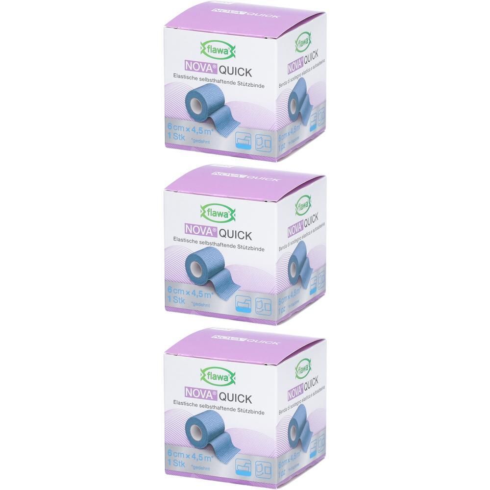 Trois boîtes de bande de soutien élastique FLAWA Nova Quick, bleue, 6 cm x 4,5 m.