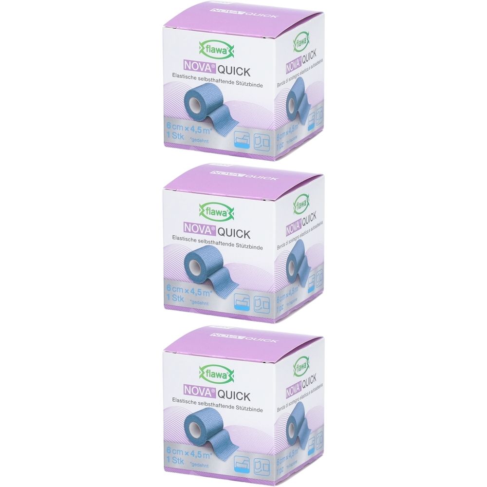 Drei Produktverpackungen. Auf jeder Verpackung: blaues Band, Produktname, Größenangabe. Lila Deckel, weißer Karton.