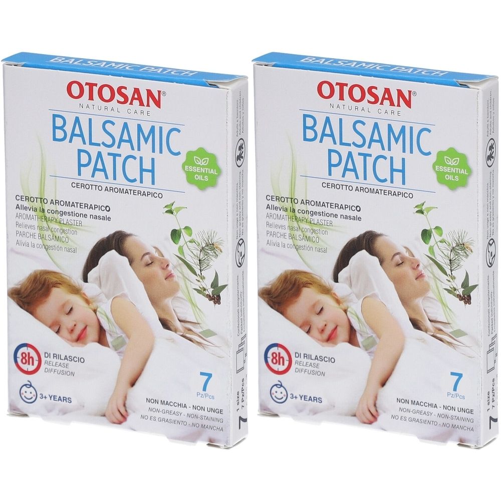 Deux boîtes de patchs Otosan Balsamico. Inscription : Balsamico Patch, 7 pièces, 8h diffusion, à partir de 3 ans. Image : femme et enfant.