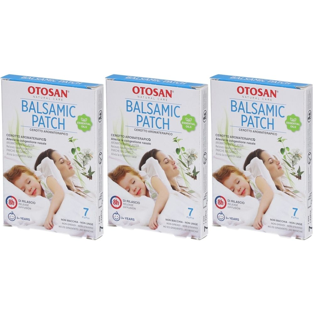 Trois boîtes de patchs balsamiques. Sur chaque boîte, un enfant et une femme endormis. Texte : Otosan, Balsamic Patch.