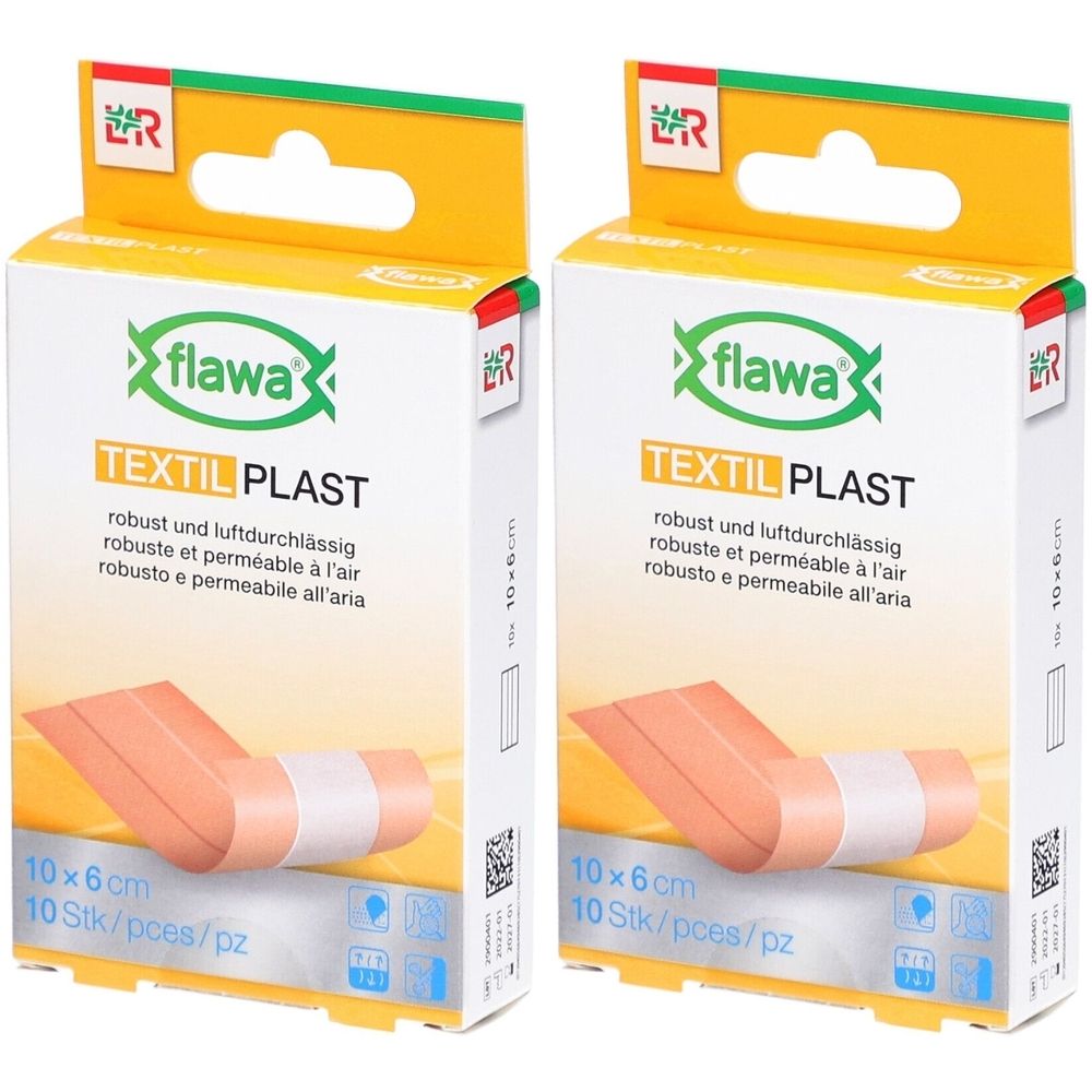 Zwei Packungen FLAWA Textil Plast Pflaster. Jede Packung zeigt Pflasterstreifen. Aufschrift: robust und luftdurchlässig, 10x6 cm.