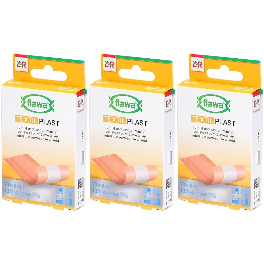Drei Packungen Pflasterstrips. Auf jeder Packung steht "flawa TEXTIL PLAST". Größe: 10 x 6 cm. 10 Stück pro Packung.
