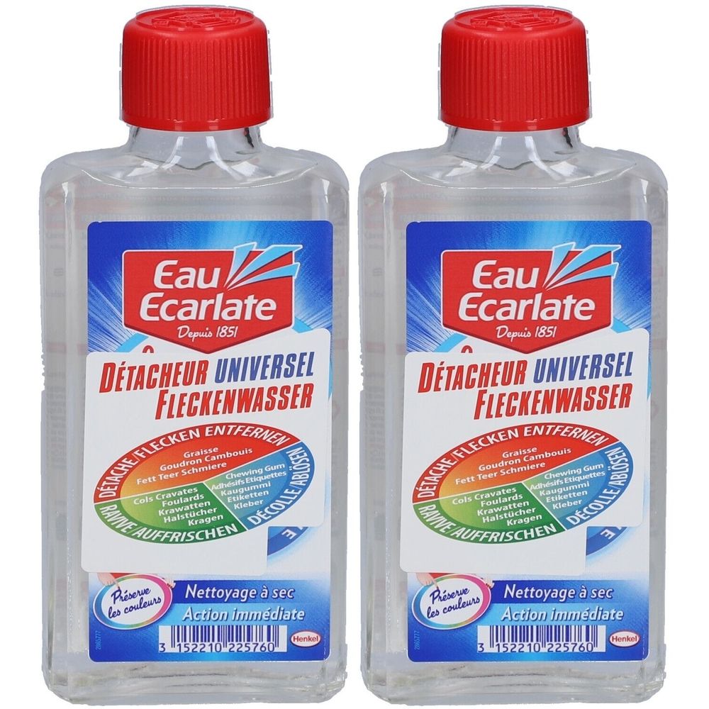 Deux flacons d'ECARLATE WASSER. Liquide clair dans des flacons rectangulaires avec bouchon rouge. Étiquettes bleues et rouges avec texte.