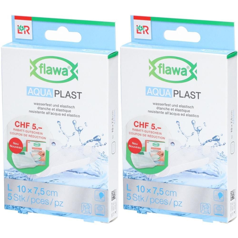 Deux paquets de pansements Flawa Aqua Plast, imperméables et élastiques, L 10x7,5cm, 5 pièces par paquet.