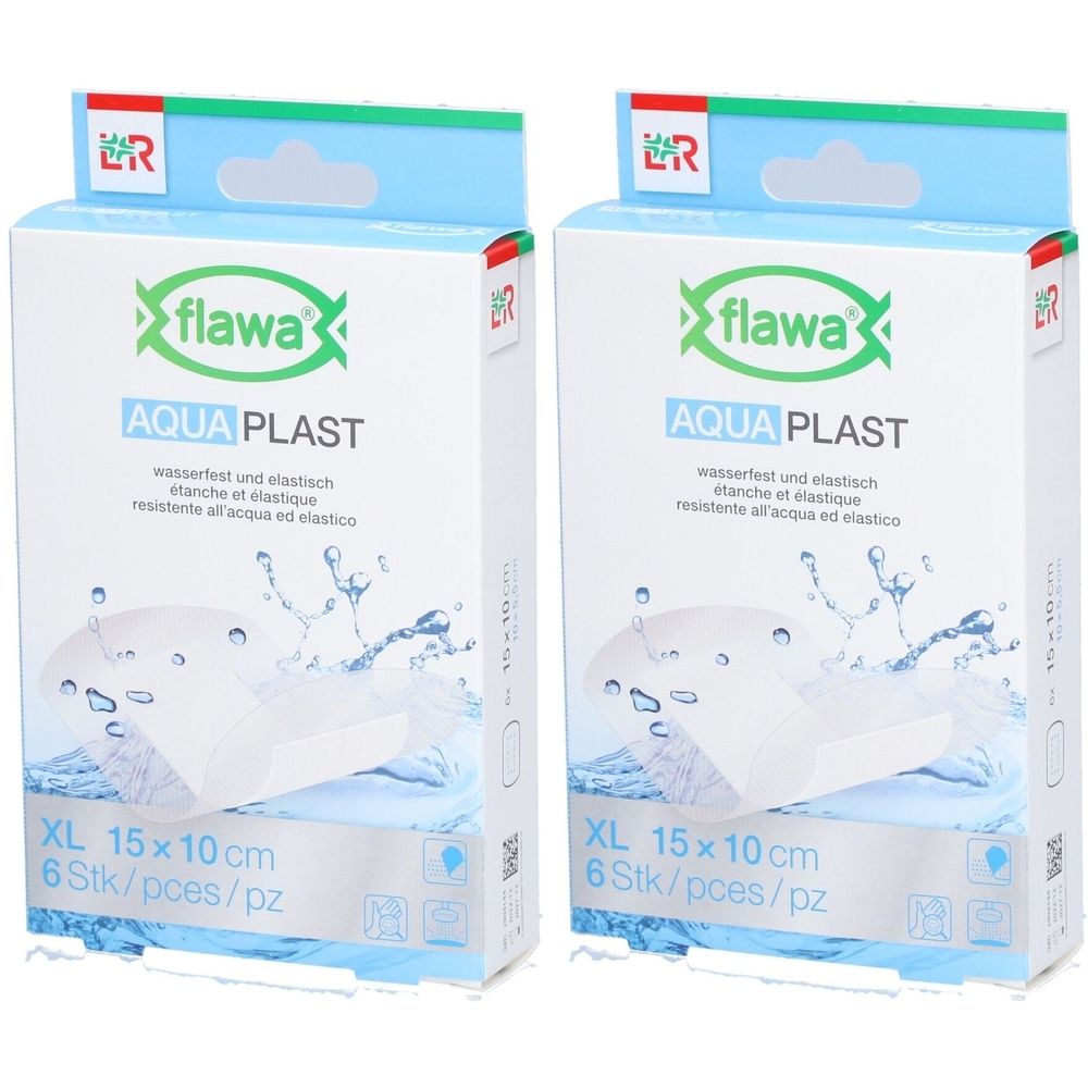 Deux boîtes de Flawa Aqua Plast. Inscription : XL 15x10cm, 6 pièces. Logo : Flawa. Texte : étanche et élastique, wasserfest und elastisch, resistente all'acqua ed elastico.