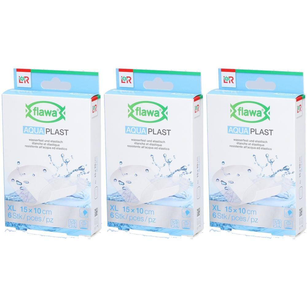 Trois paquets de pansements Flawa Aqua Plast, XL, 15x10cm, 6 pièces par paquet.