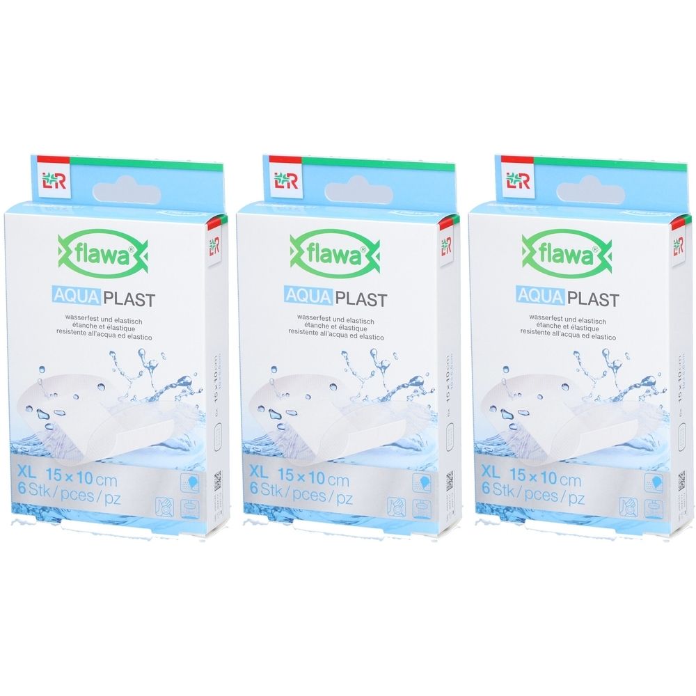 Trois boîtes de Flawa Aqua Plast. Inscription: XL 15x10cm, 6 pièces. Logo et nom du produit Aqua Plast. Emballage bleu et blanc.