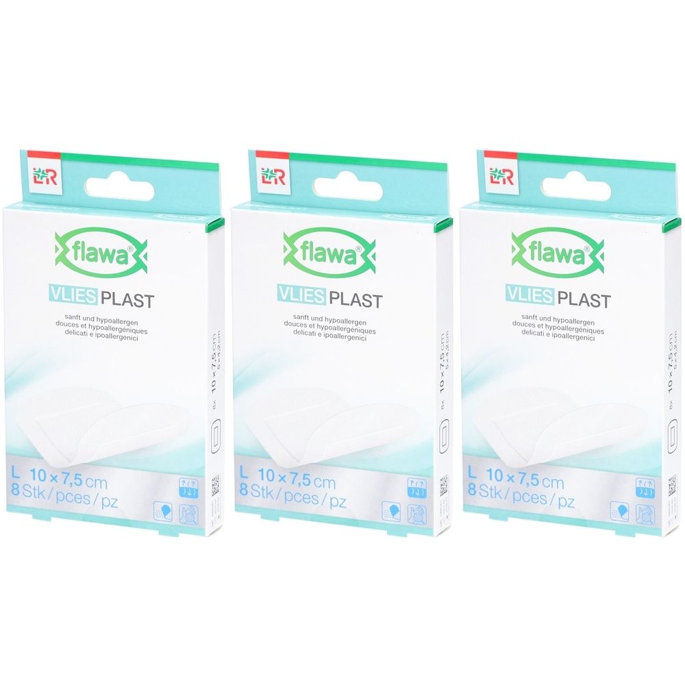 Trois boîtes de pansements flawa® Vlies Plast. Emballage blanc avec texte vert. Taille : 10 x 7,5 cm, 8 pièces.