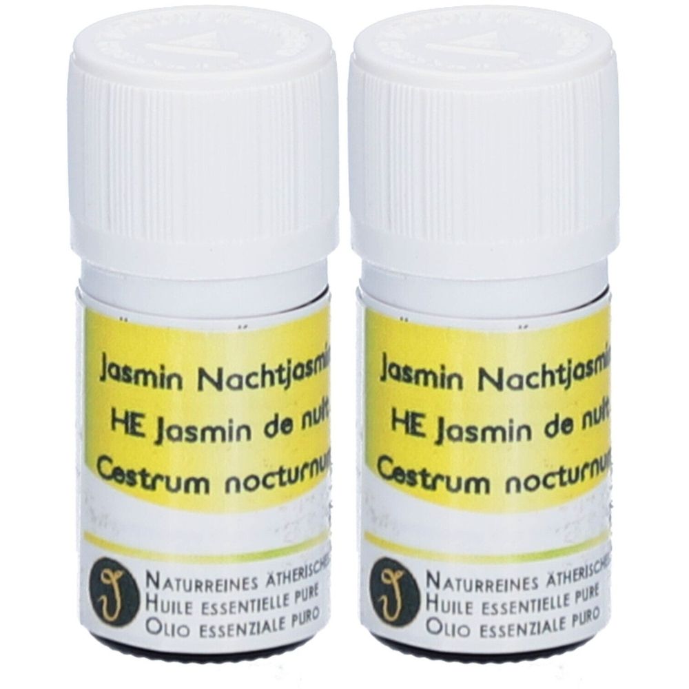 Deux petites bouteilles blanches avec des étiquettes jaunes. Les étiquettes indiquent "Jasmin Nachtjasmin" et d'autres lignes de texte. Bouchons à vis blancs.