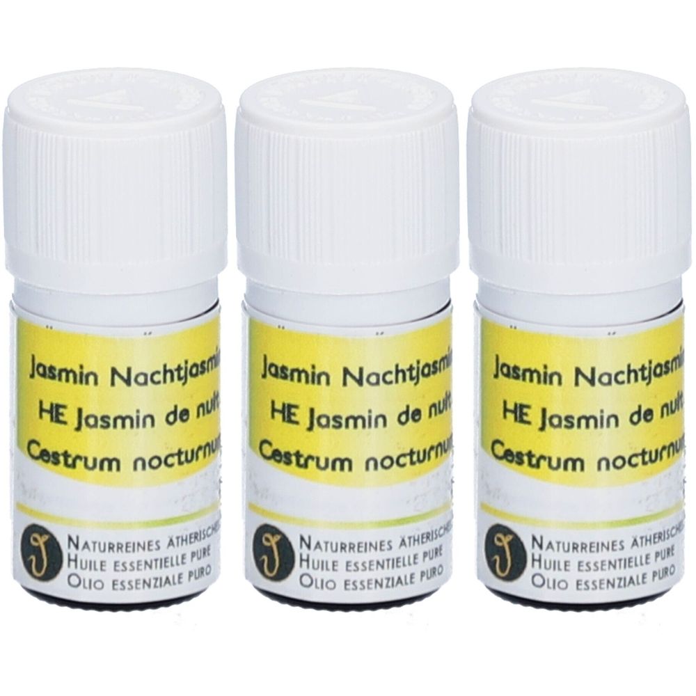 Drei kleine weiße Flaschen mit gelben Etiketten. Auf den Etiketten steht "Jasmin Nachtjasmin" und weitere Textzeilen in verschiedenen Sprachen.