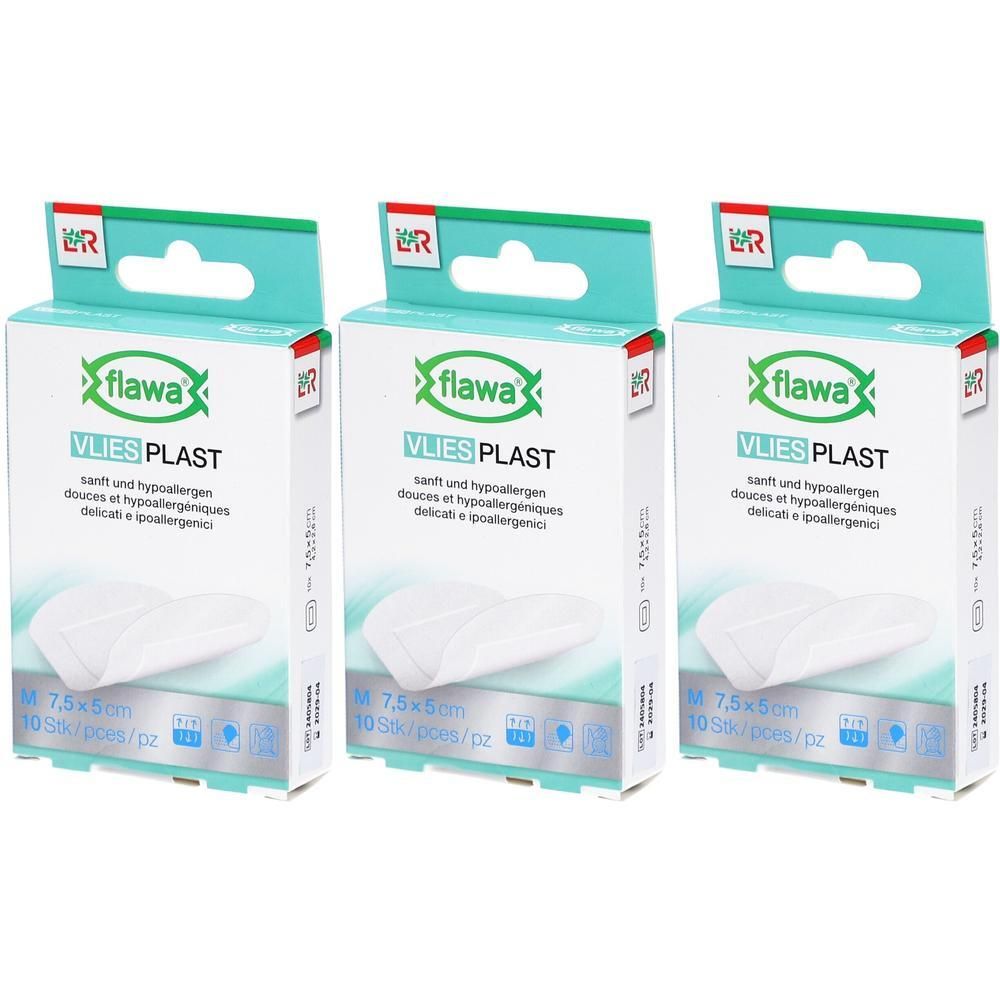 Trois paquets de pansements flawa® Vlies Plast, M, 7,5x5cm, 10 pièces par paquet.
