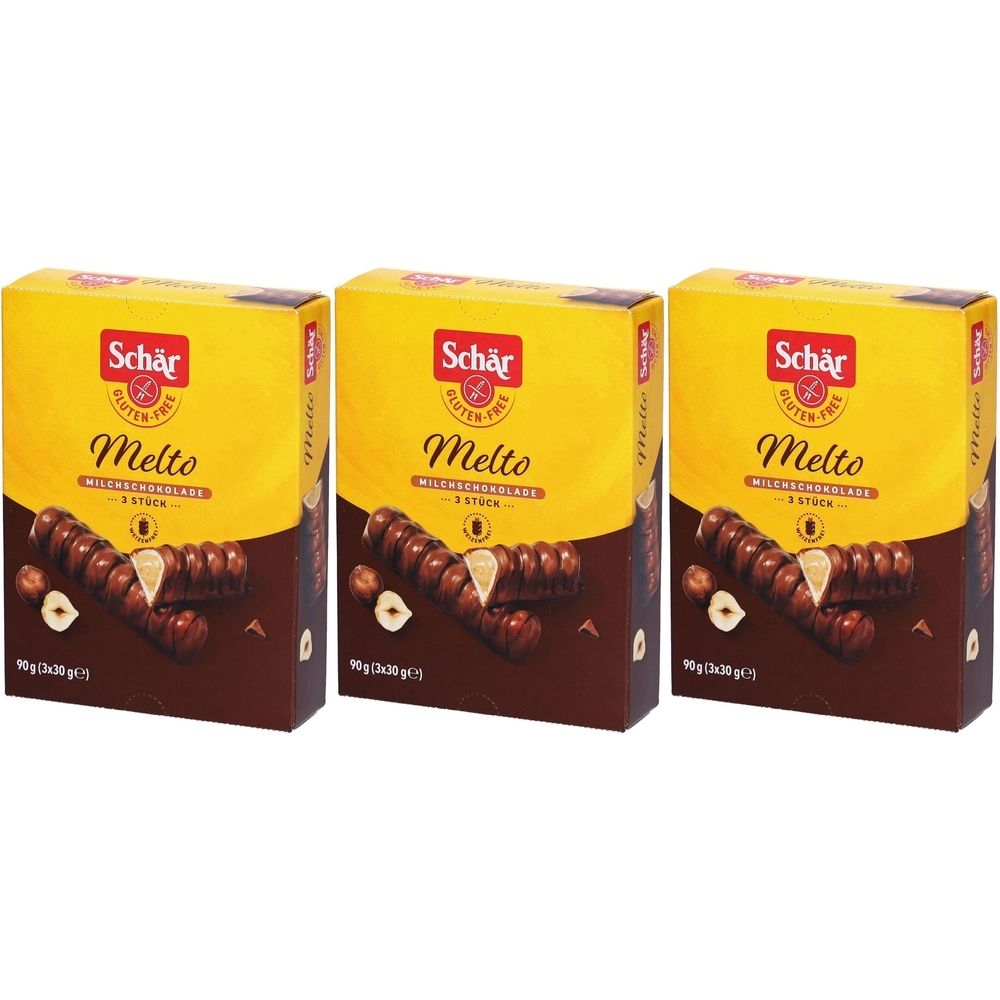 Trois boîtes de Schär Melto sans gluten. Emballage jaune avec image du produit et logo. Inscription : Melto, chocolat au lait, sans gluten.