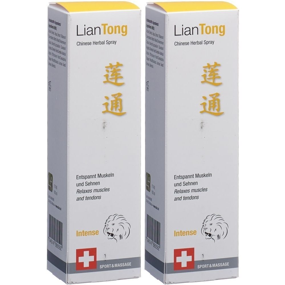 Zwei weiße Schachteln mit gelben Akzenten. Aufschrift: Lian Tong, Chinese Herbal Spray. Text in chinesischen Schriftzeichen. Logo mit Löwenkopf und rotem Kreuz.