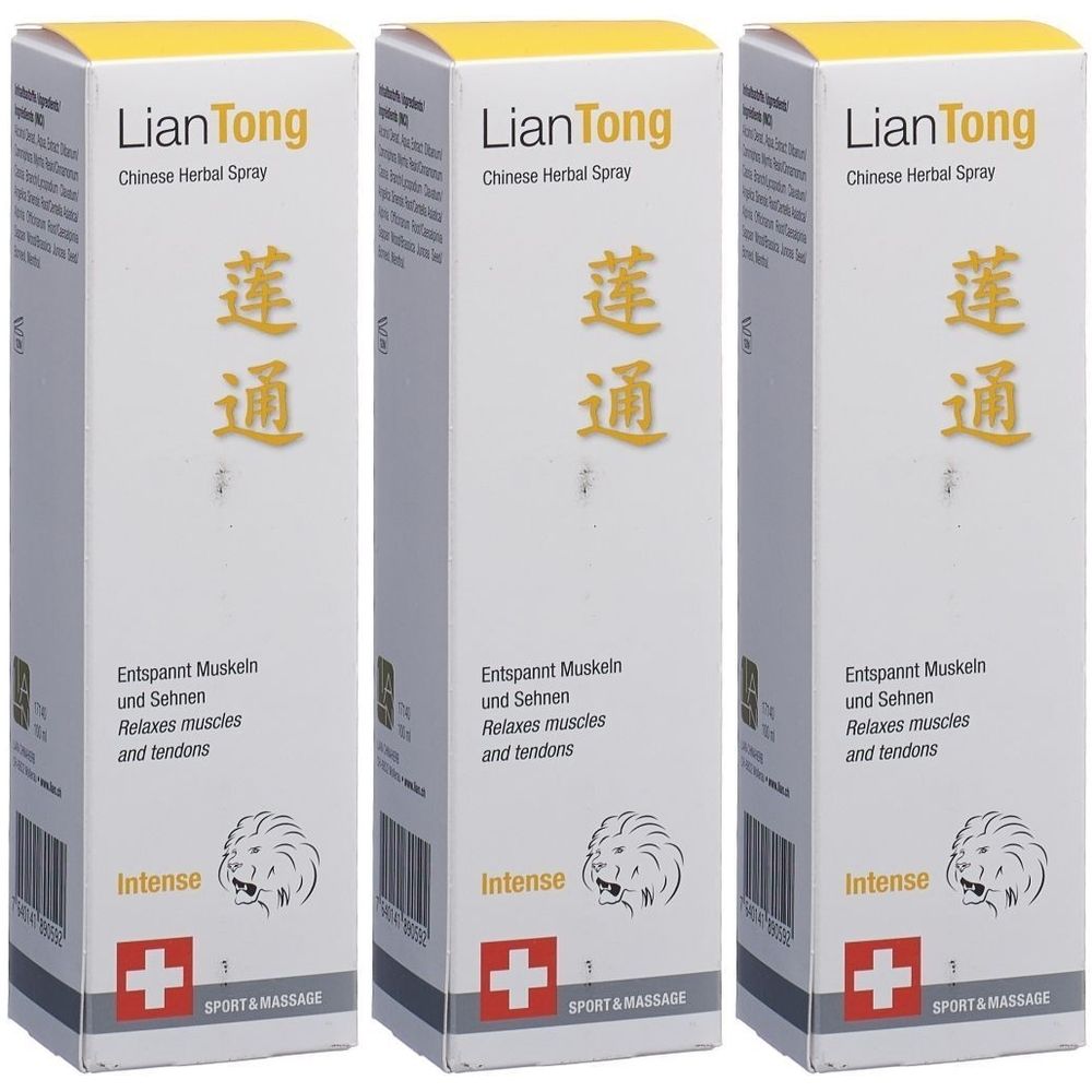 Drei rechteckige Schachteln mit gelbem Deckel. Aufschrift: Lian Tong, Chinese Herbal Spray, 莲通. Text: Entspannt Muskeln und Sehnen. Logo: Löwe, rotes Kreuz.