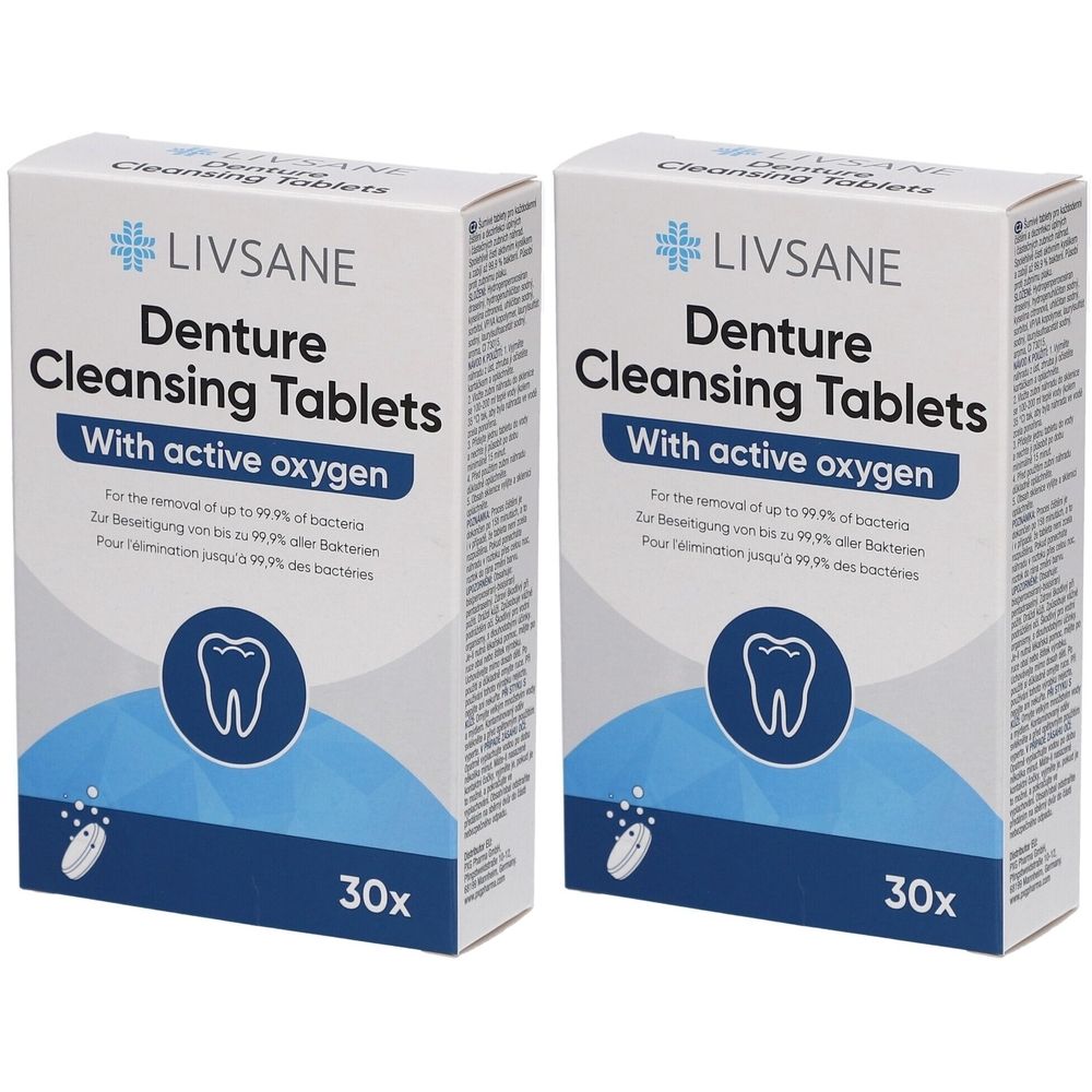 Zwei Schachteln Livsane® Gebissreinigungstabletten. Aufschrift: Denture Cleansing Tablets, mit aktivem Sauerstoff. 30 Tabletten.
