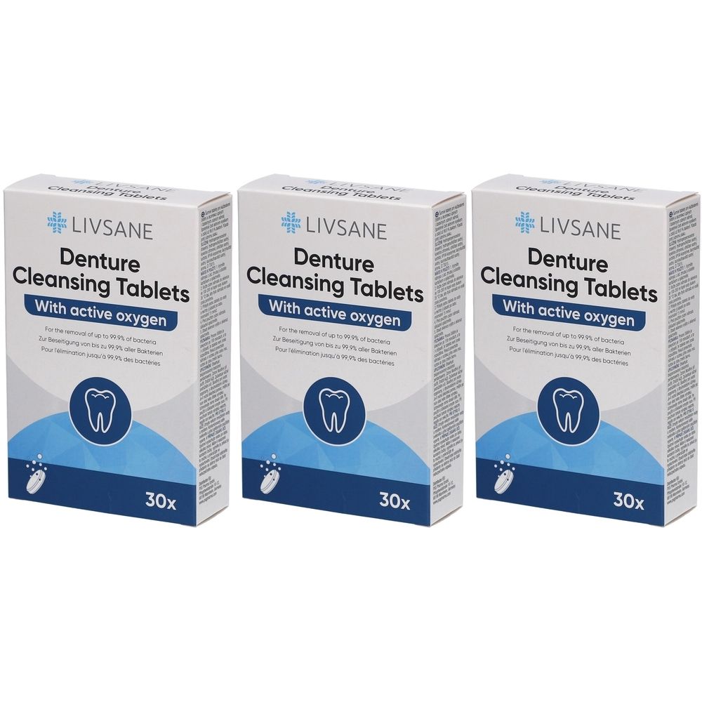 Drei Schachteln Livsane Gebissreinigungstabletten. Aufschrift: Denture Cleansing Tablets, mit aktivem Sauerstoff. 30 Tabletten.