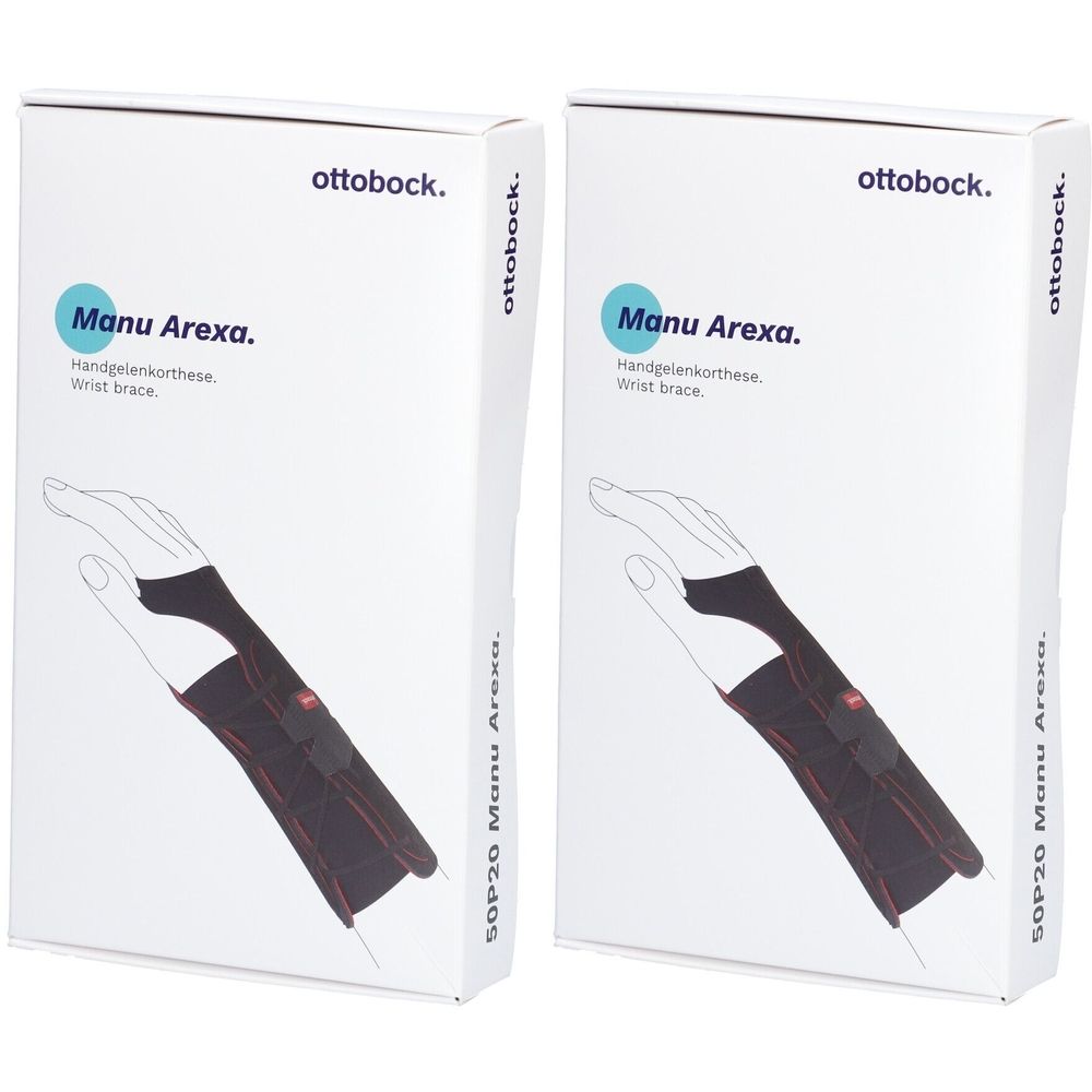 Deux boîtes de l'attelle de poignet Ottobock Manu Arexa. Blanches, avec illustration du produit et texte. Marque : Ottobock.