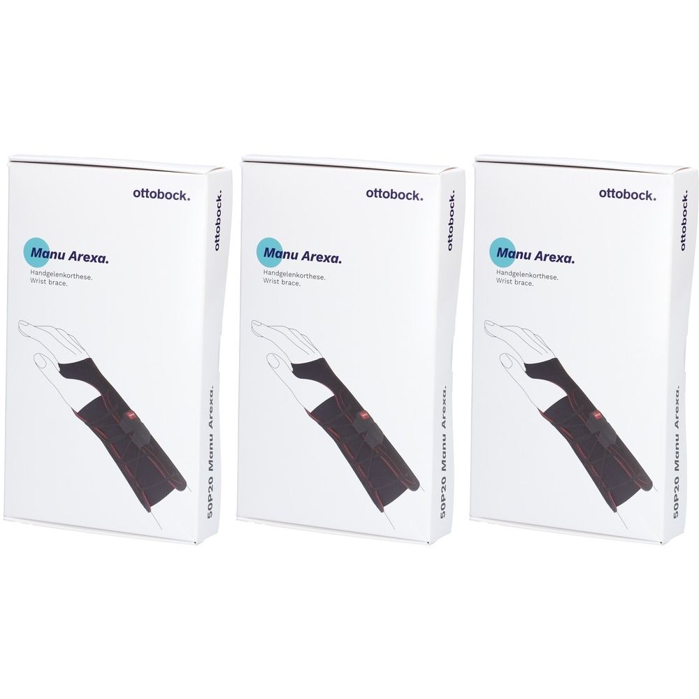 Drei Ottobock Manu Arexa Handgelenkorthesen in Verpackung. Aufdruck: Manu Arexa, Handgelenkorthese, Wrist Brace.