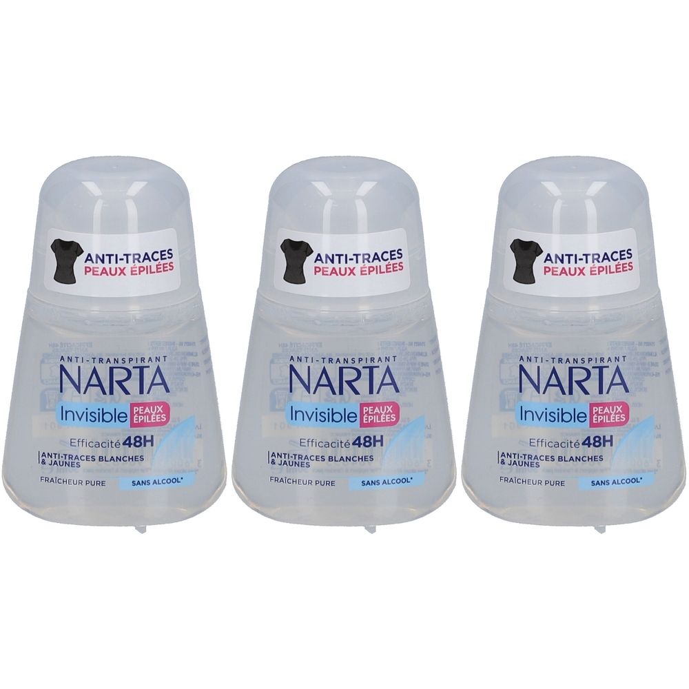 Drei Deodorant-Roller mit weißer Kappe. Aufschrift: NARTA Invisible, Anti-Traces, Peaux Epilées, Efficaité 48H. Ohne Alkohol.