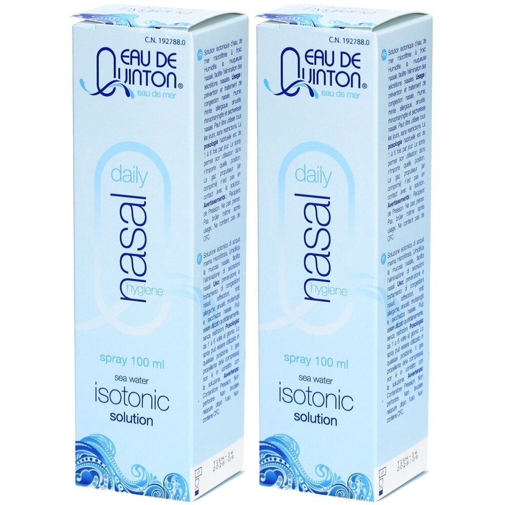 Zwei rechteckige Schachteln. Aufschrift: EAU DE QUINTON, daily nasal, isotonic solution. Hellblaue Verpackung mit Wellenmuster.