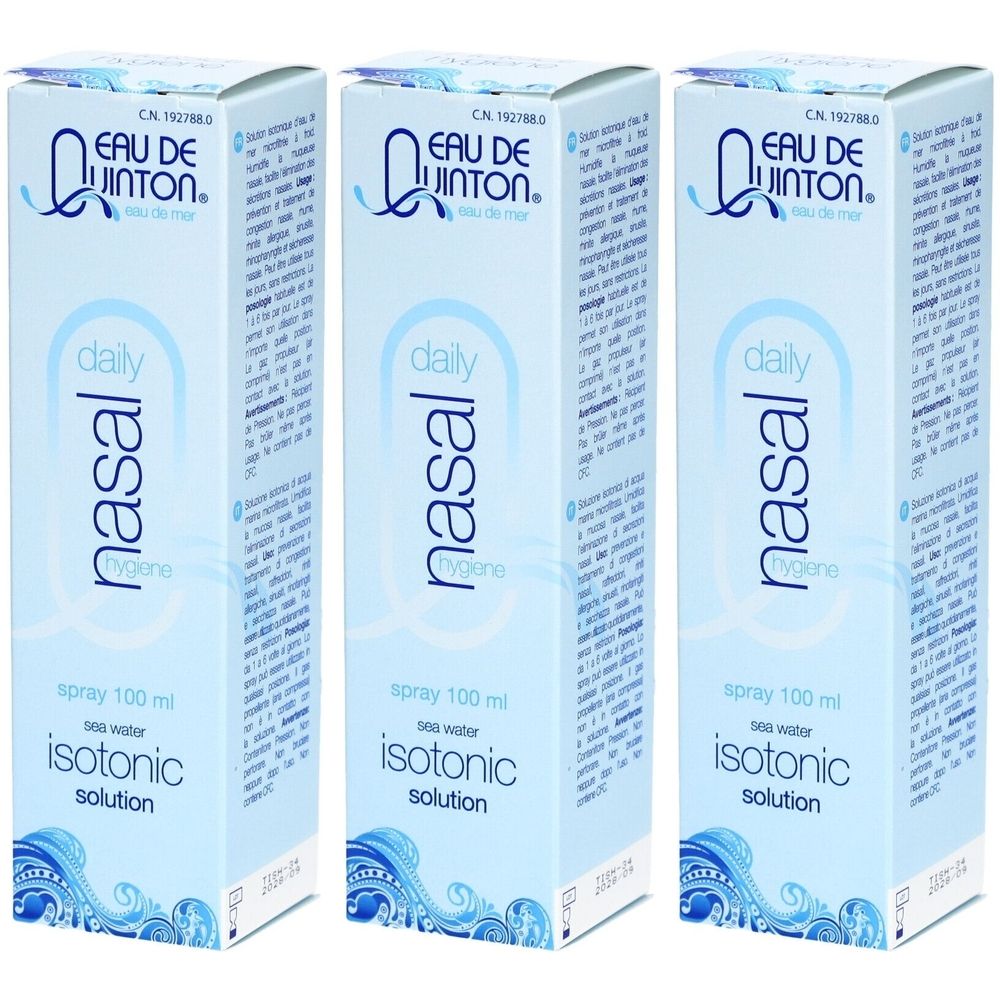 Drei Quinton Nasensprays, isotonische Salzlösung, 100 ml.