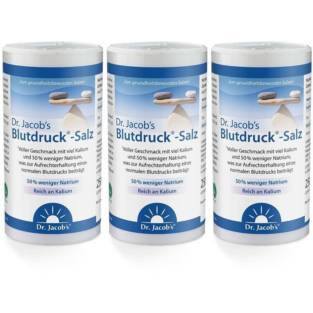 Drei weiße Behälter mit blauem Deckel. Aufschrift: Dr. Jacob's Blutdruck-Salz. Text: 50% weniger Natrium, reich an Kalium. Logo: Dr. Jacob's.