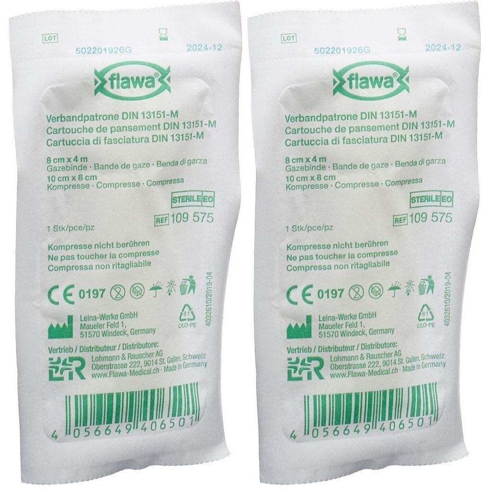 Zwei weiße Verbandpatronen-Verpackungen. Aufdruck: flawa, DIN 13151-M, Gazebinde, Kompresse, STERILEO, CE 0197.