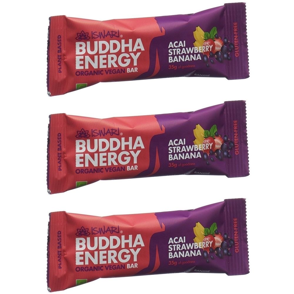 Trois barres emballées en rouge et violet. Inscription : ISWARI Buddha Energy, Acai Fraise Banane, sans gluten. 35g.