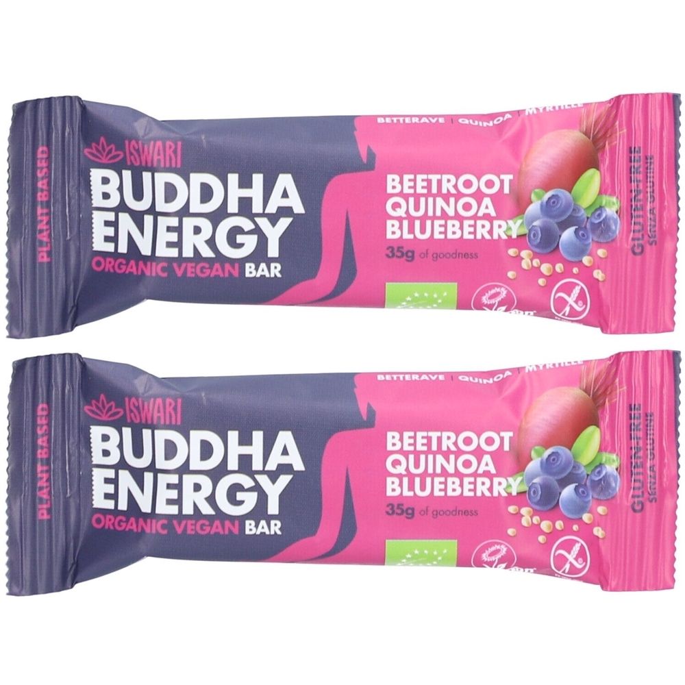 Deux barres ISWARI Buddha Energy. Emballage avec inscription "Beetroot Quinoa Blueberry". Contient 35g. Label bio et sans gluten.