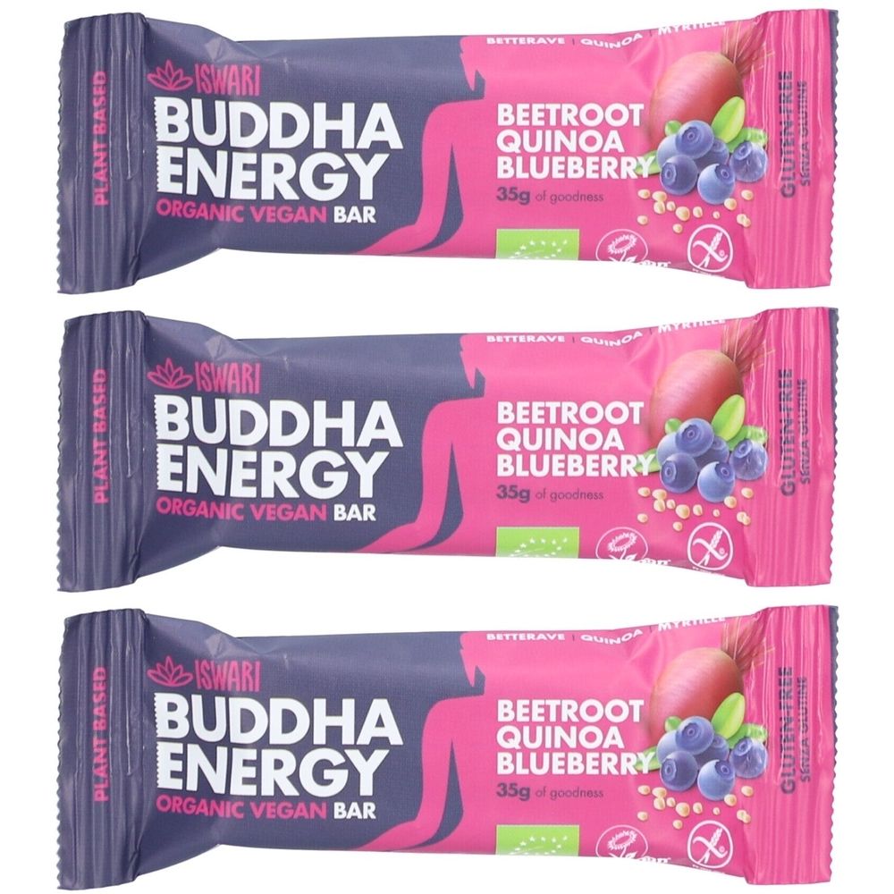 Trois barres ISWARI Buddha Energy. Inscription: Betterave Quinoa Myrtille, 35g, sans gluten. Emballage violet et rose.