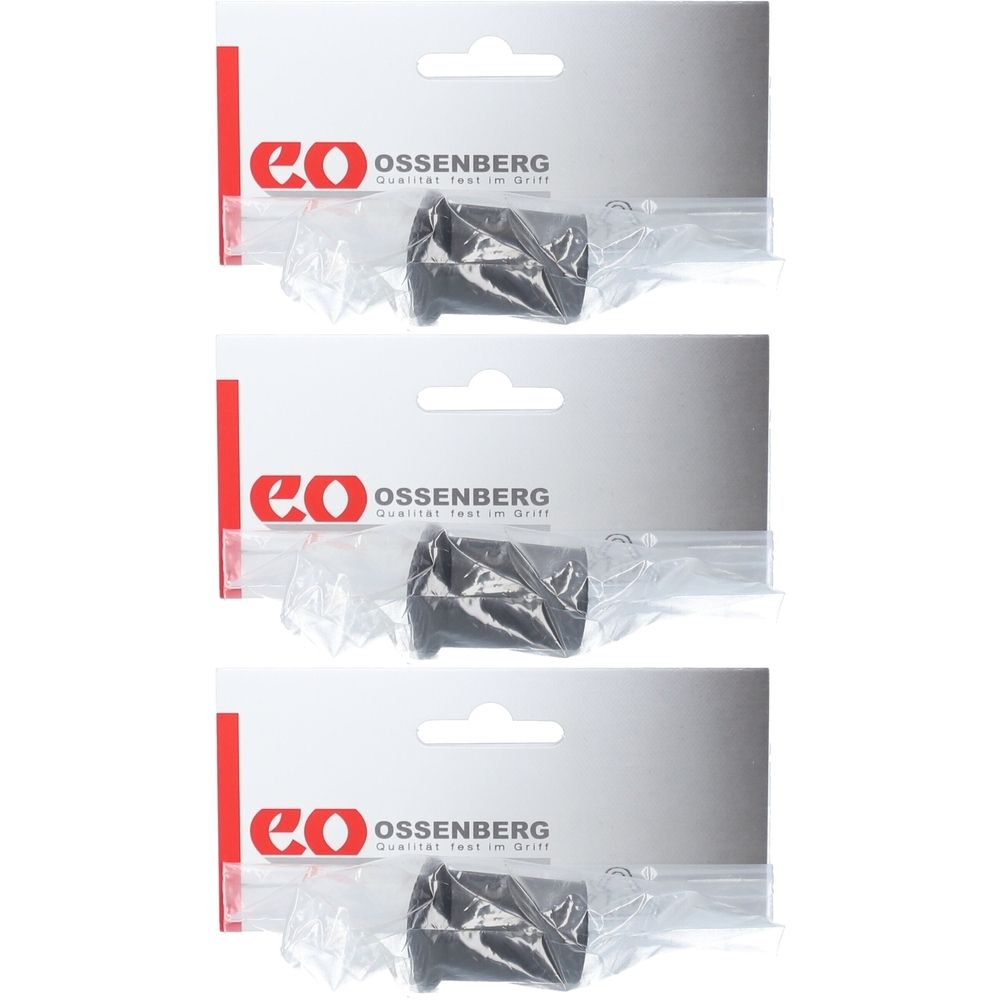 Drei schwarze Stockkapseln in Einzelverpackung. OSSENBERG-Logo und Schriftzug auf der Verpackung.
