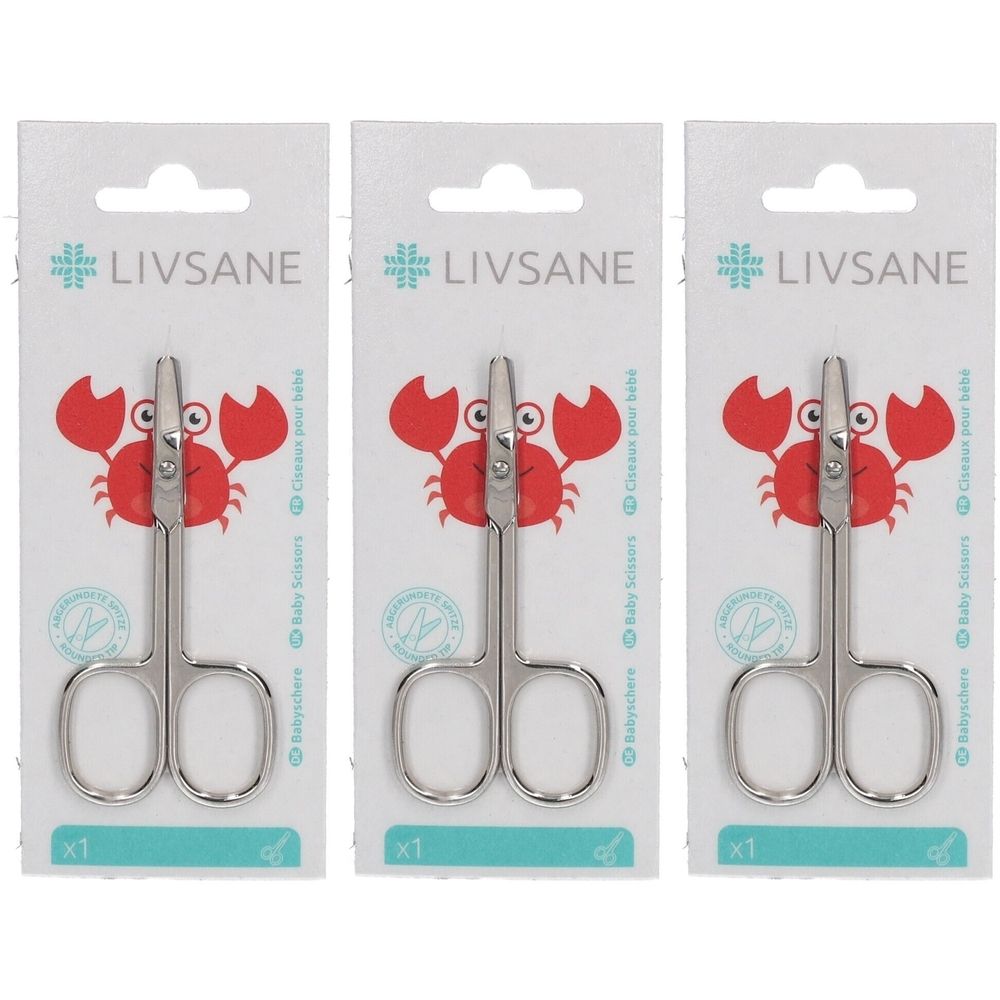Drei Babyscheren mit abgerundeten Klingen in Einzelverpackung. Auf jeder Verpackung ist ein roter Krebs abgebildet. LIVSANE Logo.