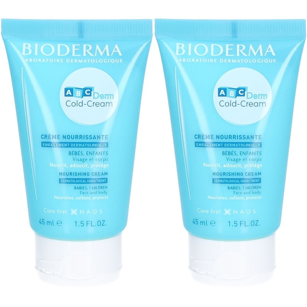 Zwei Tuben Bioderma ABCDerm Cold-Cream. Hellblaue Tuben mit weißem Verschluss. Aufschrift: Creme Nourrissante, für Babys und Kinder.