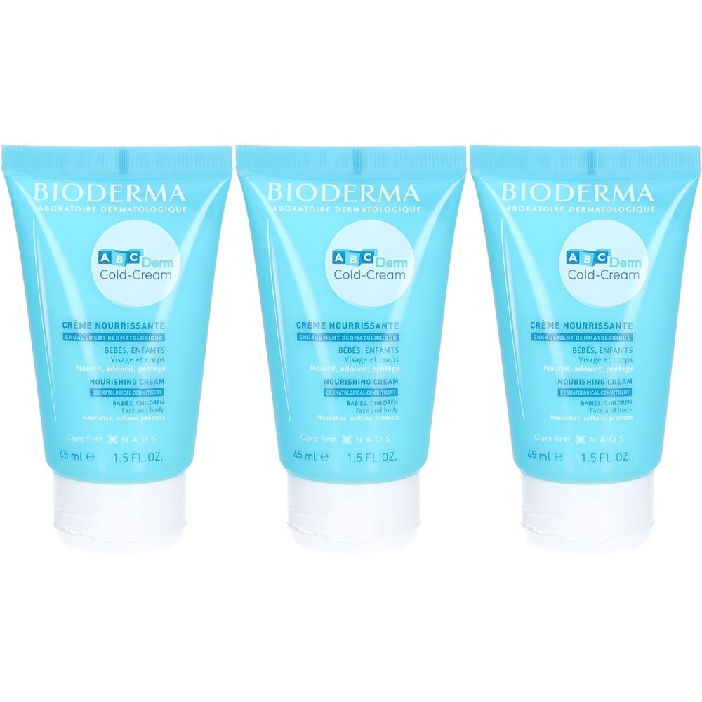 Drei Tuben Bioderma ABCDerm Cold-Cream. Hellblaue Tuben mit weißem Verschluss. Aufschrift: Creme Nourrissante, 45 ml, 1.5 FL.OZ.