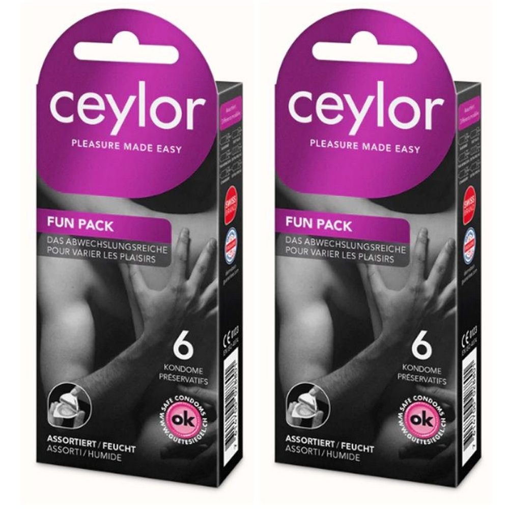 Zwei Packungen Ceylor Fun Pack Kondome. Jede Packung enthält 6 Kondome. Aufdruck: Safe Condom ok.