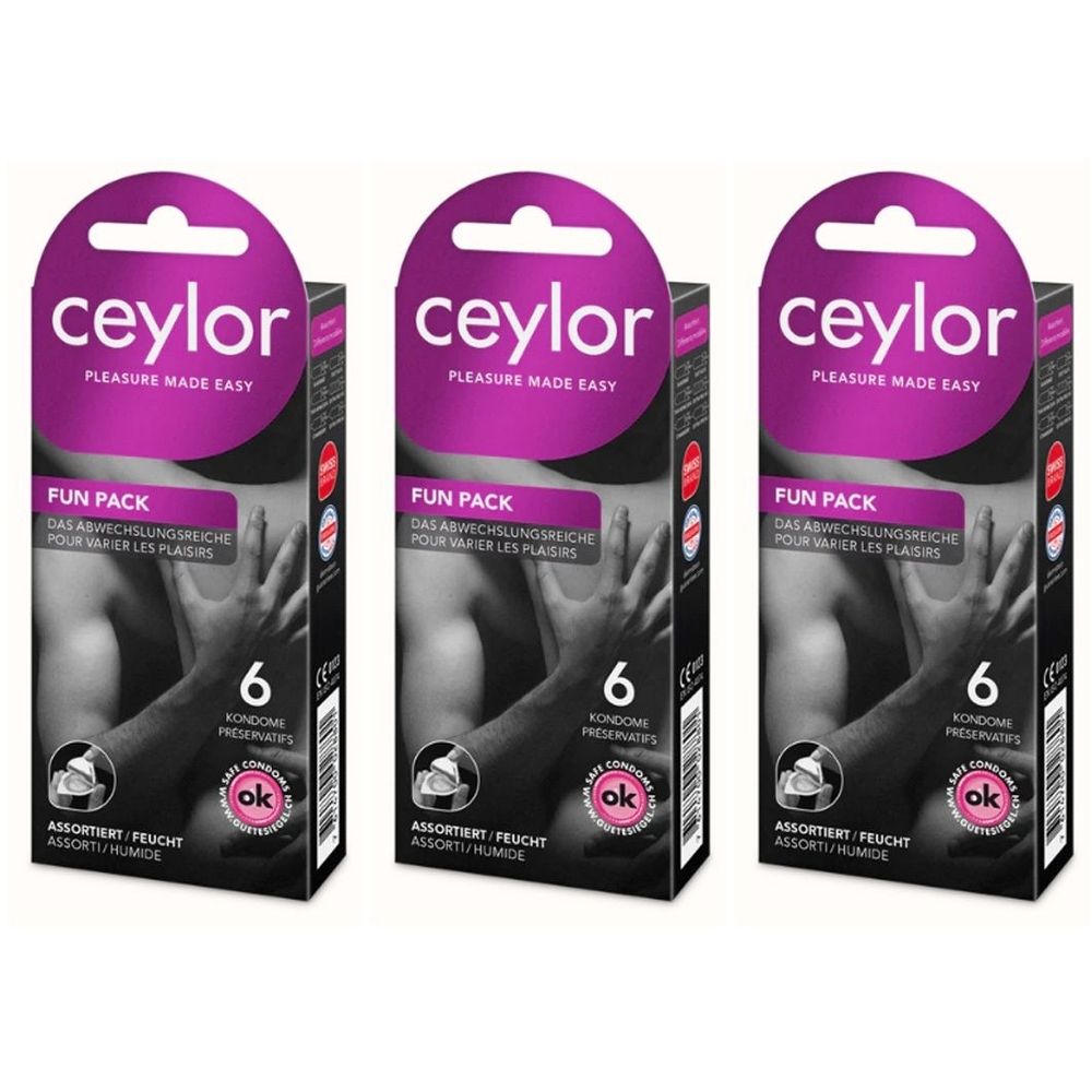 Drei Packungen Ceylor Fun Pack Kondome. Jede Packung enthält 6 Kondome. Verpackung mit Logo und Produktbezeichnung.